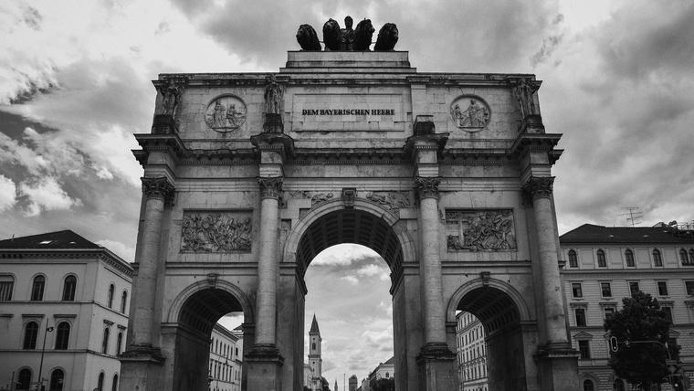 Siegestor, Munich's memorial arch, crowned with a statue of Bavaria with a lion-quadriga.