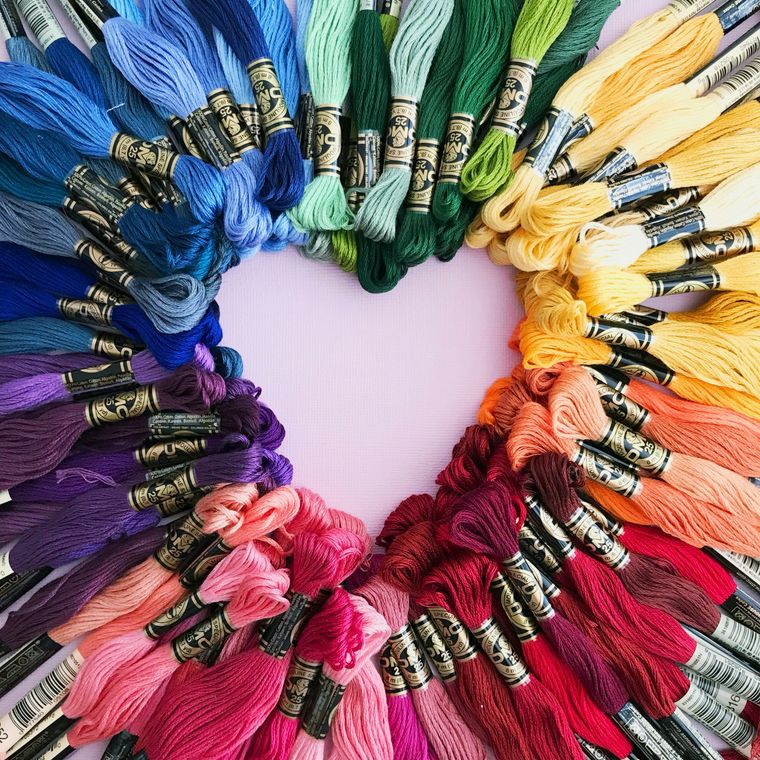 Multiple yarns arranged so that a heart shape remains in the middle