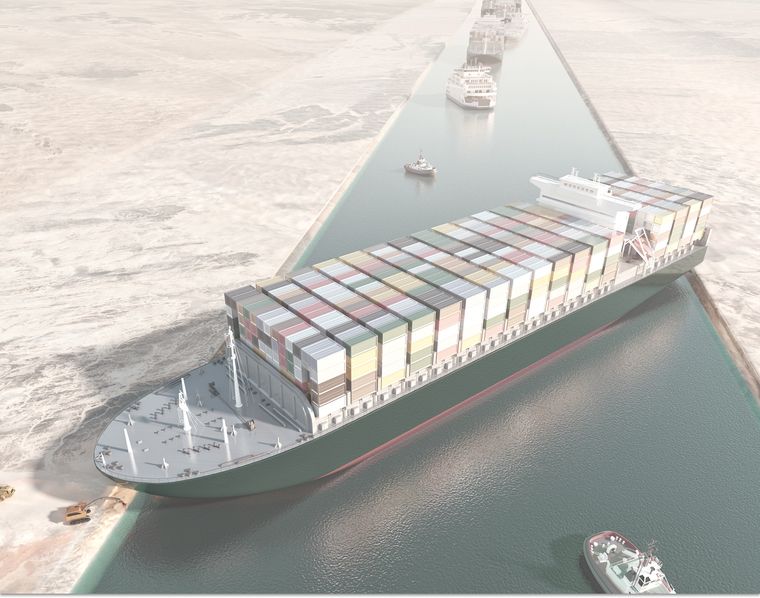 Ever Given, one of the largest container ship, in the Suez Canal
