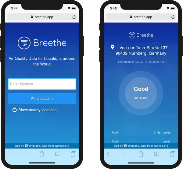 The two main screens of the Breethe PWA