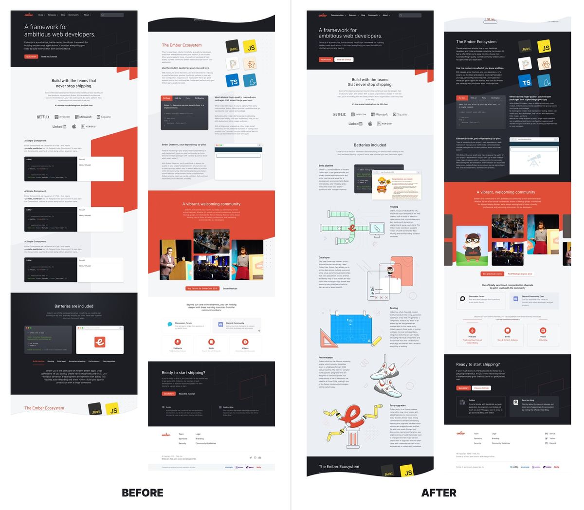 Side by side comparison of the original website mockup from the RFC and the final mockup created by me