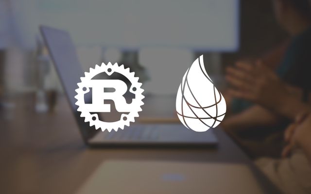 The Rust and Elixir logos on a gray backround picture