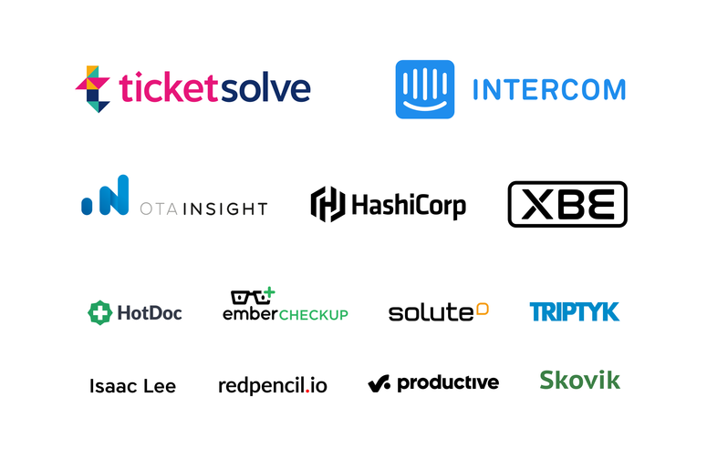 a collage of the logos and names of the sponsors: Ticketsolve, Intercom, OTA Insight, HashiCorp, XBE, Isaac Lee, Balint Erdi, HotDoc, solute, Triptyk, redpencil, Productive