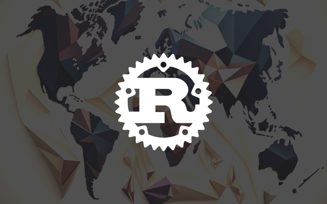 The Rust logo on top of a stylized world map