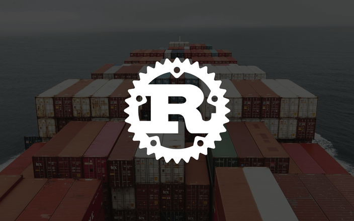 The Rust logo on a background showing cargo containers