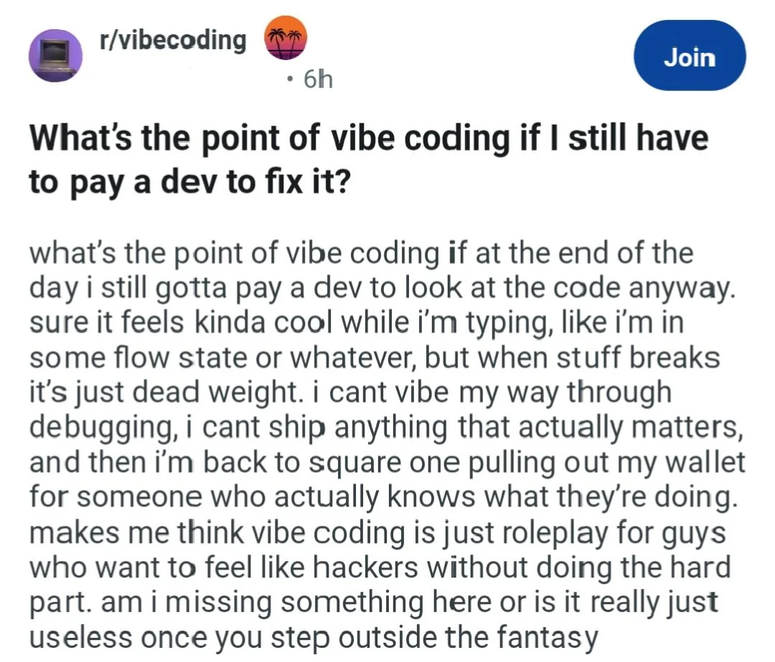 a Reddit post titled "What's the point of vibe coding if I still have to pay a dev to fix it?"