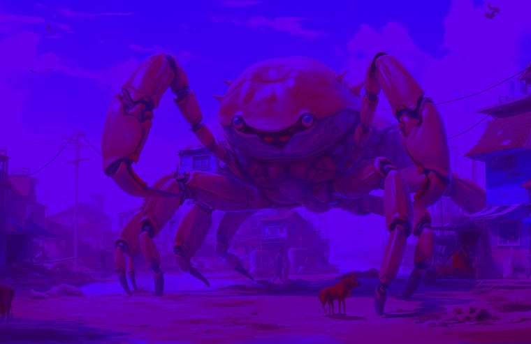 A drawing of a giant crab standing in a village.