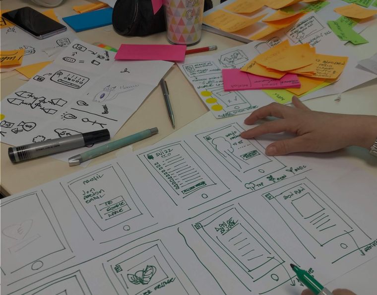 Hand-drawn wireframes and colorful Post-it notes on a desk