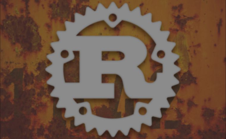 The Rust logo in white on top of a photo of a rusty metal surface